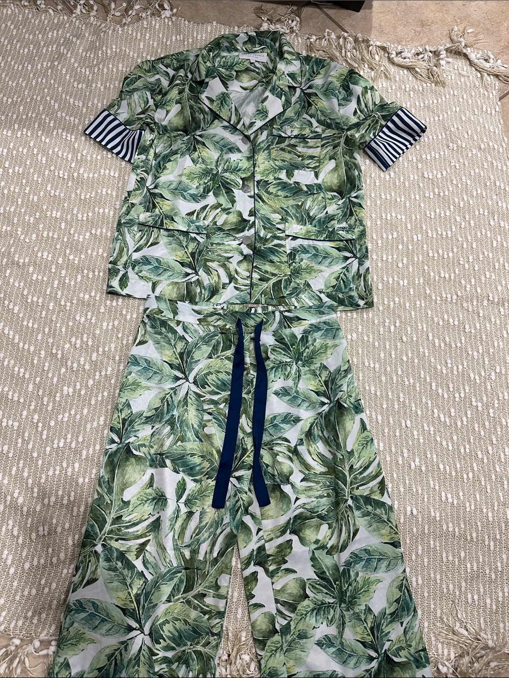 Leaf-Print Green Kids Pajama Set with Navy Trim